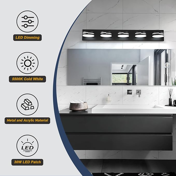 Vanity Lights for Bathroom, 32.28in Matte Black Bathroom Light Fixtures Over Mirror, 5-Light Modern LED Wall Sconce Makeup Lighting, 350° Rotatable, Dimmable 5500K Cool White, Hardwired
