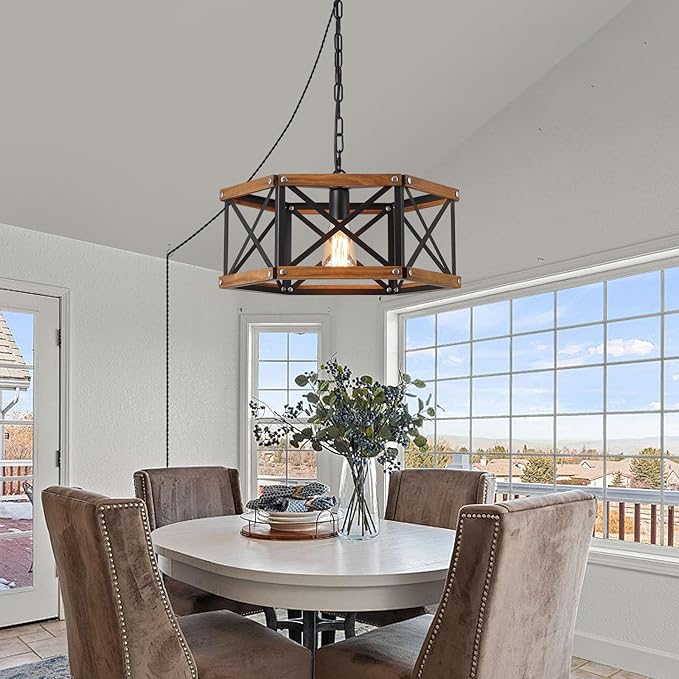Rustic Farmhouse Large Plug in Pendant Light Fixture with Adjustable Chain, Dimmable Switch, 17.8 inch Industrial Oak Wood and Metal Cage Hanging Lamp for Dining Room Kitchen Farmhouse Entry, Black