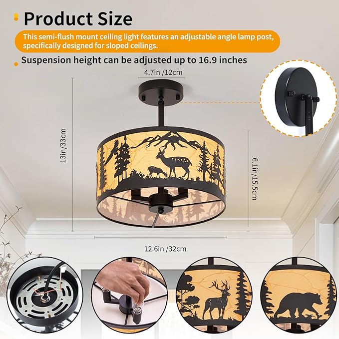 Rustic Semi-Flush Mount Ceiling Light Fixture with Slanted Installation and Lampshade, E12 Base 3-Light Round Black Metal Fixtures with Deer and Bear Design - Perfect for Kitchen, Bedroom, Foyer