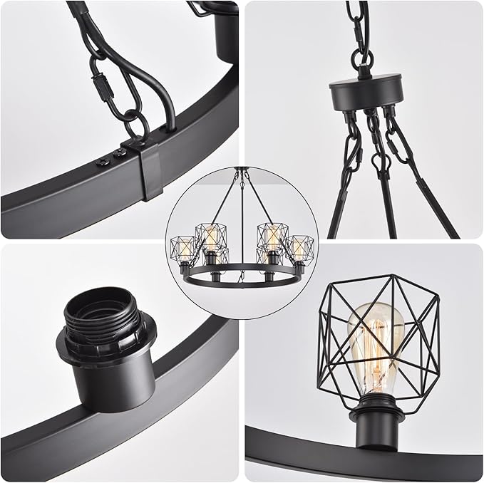Wagon Wheel Chandelier Modern Farmhouse Pendant Light,Black Farmhouse Chandelier, 6-Light Wagon Wheel Chandelier with Adjustable Height, Dining Room Light Fixture, Hanging Lights