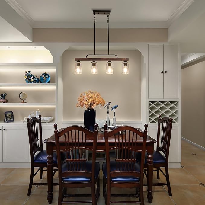 Farmhouse Dining Room Light Fixture, 4-Light Wood Kitchen Island Lighting, Industrial Chandeliers for Dining Room Over Table Black Pendant Light with Seeded Glass Shade for Bar Restaurant