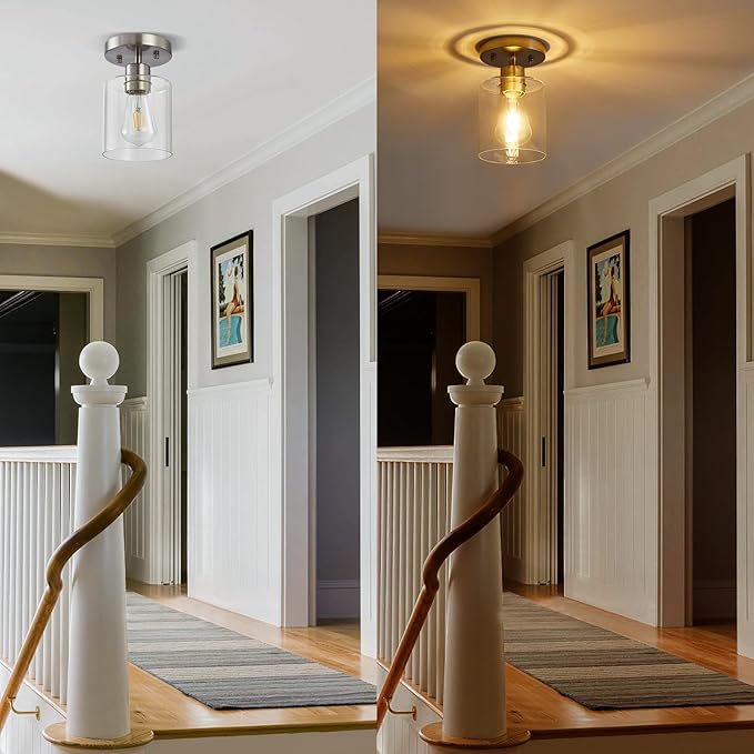 1-Light Semi Flush Mount Ceiling Lights, Brushed Nickel Kitchen Lighting Fixtures Ceiling, Modern Ceiling Light Fixtures with Clear Glass Shade for Hallway Foyer Entryway(3 Pack)