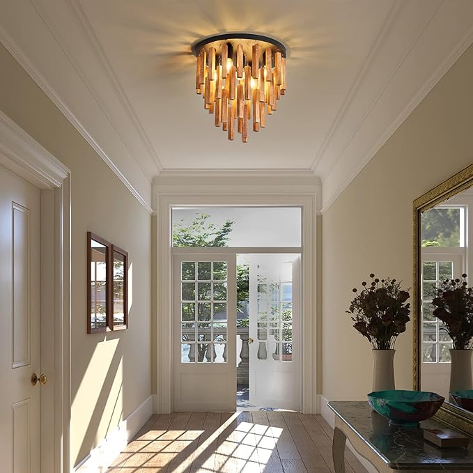 5-Light Semi Flush Mount Ceiling Light Fixture Rustic Wood Chandelier Retro Ceiling lamp Oak and Black with E26 for Farmhouse Kitchen Living Room Entryway Bedroom Dining Room Bathroom.