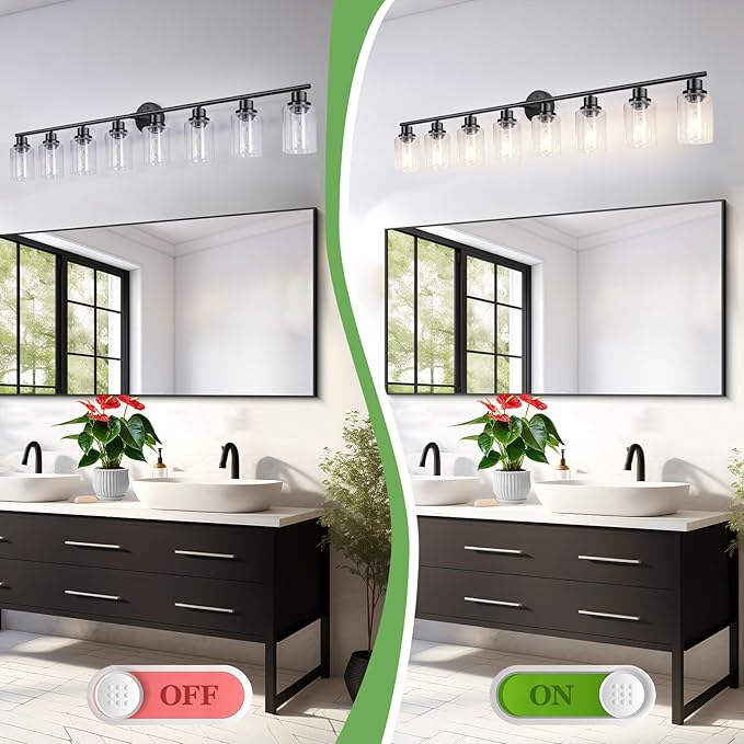 8-Light Black Vanity Lights, Modern Bathroom Light Fixtures with Clear Glass Shade, Wall Lamps for Mirror Kitchen Hallway Cabinet Living Room Sconces Lights - E26