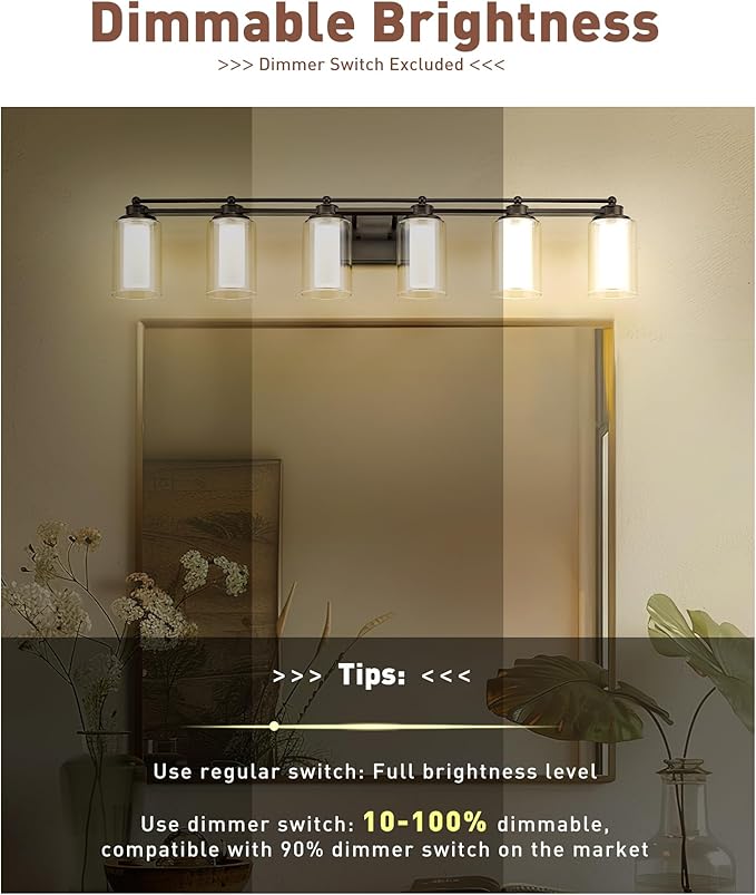 Bathroom Light Fixtures 6 Light, HWH Oil-Rubbed Bronze Vanity Light Over Mirror, 44 Inch Wall Lights with 36W 5CCT Dimmable LED, 5HLT63B-6W-LED ORB