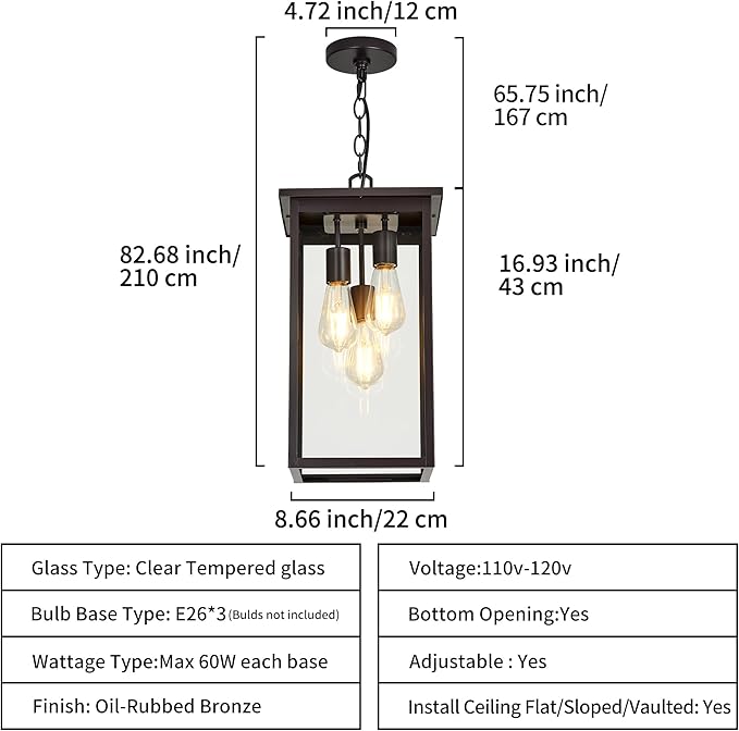 3-Light Outdoor Indoor Chandeliers,Oil Rubbed Bronze Pendant Light with Clear Glass Shade,Exterior Hanging Lantern for Front Porch Entrance Foyer Entryway (Bulb Not Included)