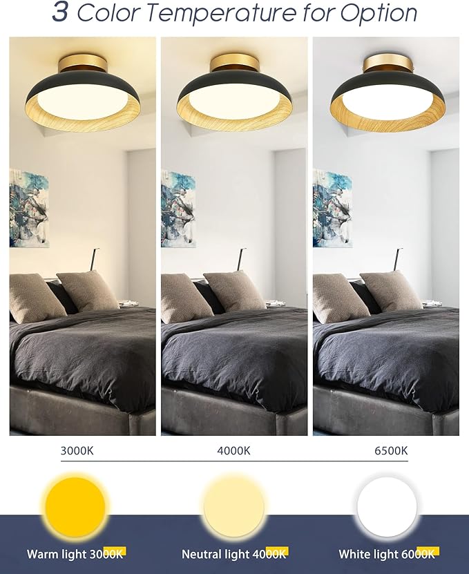 kudos Flush Mount Ceiling Light,12-inch LED Ceiling Light Fixture,Painted Wood-Grain Finish,12W/700lm Hanging Light Fixture for Bedroom,Hallway,3000K/4000K/6000K Adjustable, KDCL10-BK