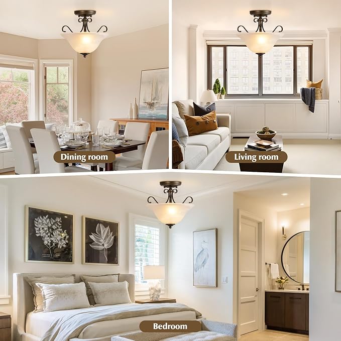 Luvkczc Upgrade Semi Flush Mount Ceiling Light,Brass Ceiling Light Fixture, Mid Century Ceiling Light, Glass Close to Ceiling Light for Bedroom Kitchen Porch Hallway, Bulbs Not Included