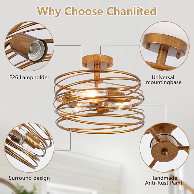 Vintage Gold 3-Light Rustic Drum Semi Flush Ceiling Light Fixture, Retro Farmhouse Chandeliers Metal Cage for Dining Room, Industrial Pendant Light Fixture for Entryway Kitchen Foyer Bedroom