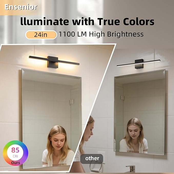 Brushed Black Vanity Light 24 Inch Modern Bathroom Light Fixtures 16W Wall Vanity Lamp Over Mirror, Dimmable 5CCT LED Wall Sconce for Bedroom Cabinets