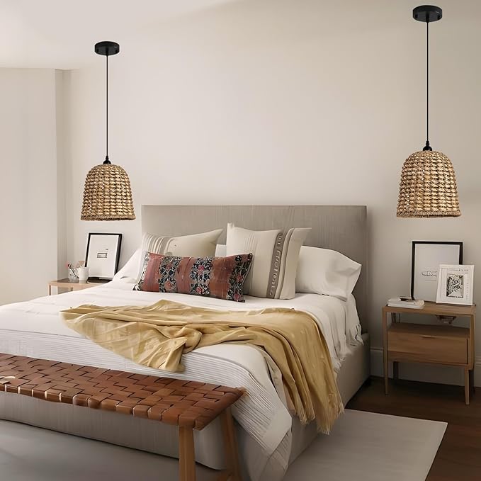 Mini Rattan Pendant Light Fixtures,9.5" Boho Pendant Light,3-Pack Hand Woven Seagrass Rattan Chandelier for Dining Living Bedroom Kitchen Farmhouse