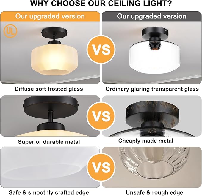 Industrial Black Matte Light Fixtures Ceiling Mount, with Frosted Glass Shades Semi Flush Mount Ceiling Light, for Hallway Fixtures Kitchen, Foyer