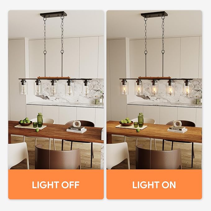 VONLUCE Dining Room Light Fixture Over Table, 5-Light Kitchen Island Lighting with Glass Shade and Adjustable Rods, Farmhouse Linear Chandelier Pendant Light for Kitchen Living Room, Matte Black