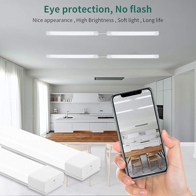 5000K LED Ceiling Light Fixture, 2FT with Plug Linkable, 2PCS Waterproof LED Tube Light Under Cabinet Lighting,Closet Light 18W for Garage Kitchen Bathroom Workbench and Office