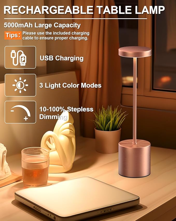 Swinerton Cordless Table Lamps Rechargeable, Portable LED Desk Lamp, 5000mAh Battery Powered Wireless Table Light - 3 Color Dimmable Lighting for Restaurant Dining Patio Outdoor Bedroom(Rose Gold)
