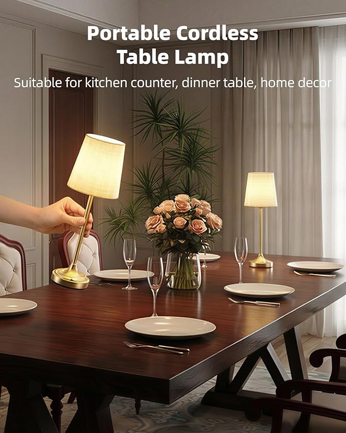 Battery Operated Lamp, 8000mAh, Ambient Light, Touch Control, Dimmable, Portable, 2700K, LED, Wireless, Rechargeable, Battery Operated, Desk Lamp, Kitchen Lamp, Fabric Shade, for Dining Room, Bedroom