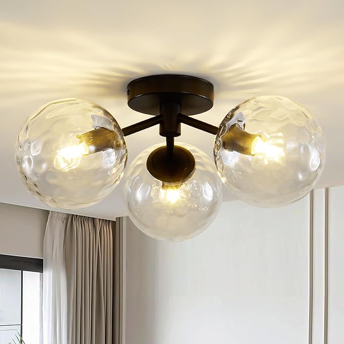 Black Globe Semi Flush Mount Ceiling Light Mid Century Modern Globes Hammered Clear Glass Ceiling Light Fixture Linear Sputnik Brushed Brass Chandelier for Bedroom Living Room Entryway Dining Room