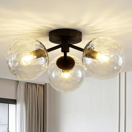 Black Globe Semi Flush Mount Ceiling Light Mid Century Modern Globes Hammered Clear Glass Ceiling Light Fixture Linear Sputnik Brushed Brass Chandelier for Bedroom Living Room Entryway Dining Room