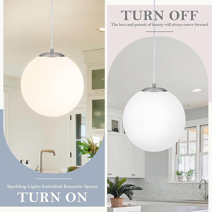 KoKo&Yukina 10 Inch Pendant Light Nickel Globe Pendant Lights Kitchen Island Mid Century Light Fixture Adjustable Globe Pendants Lights with Milky White Glass Shade for Dining Room Living Room