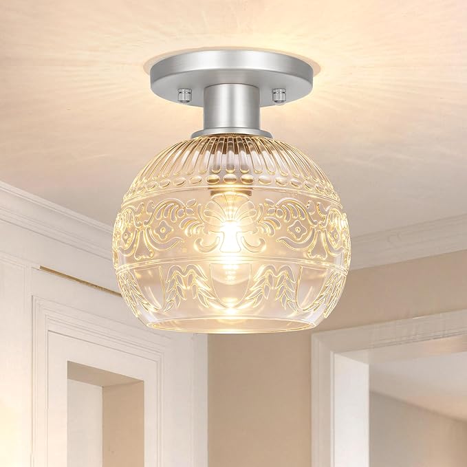 7.09in Brushed Nickel Semi Flush Mount Ceiling Light, Small Vintage Flush Mount Ceiling Light with Globe Glass, Close to Ceiling Lights for Hallway Porch Bedroom, Bulbs Not Included