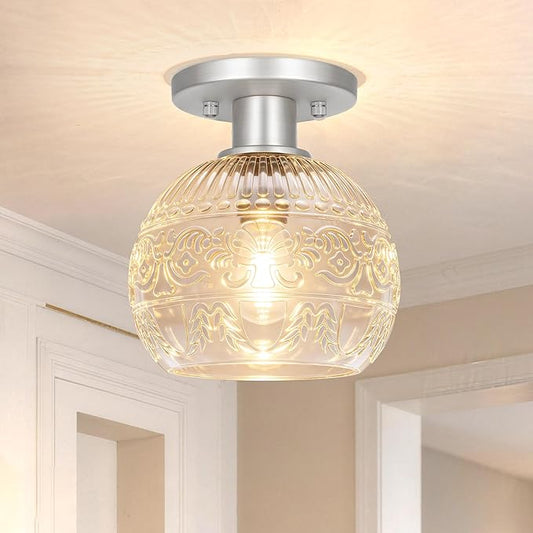 7.09in Brushed Nickel Semi Flush Mount Ceiling Light, Small Vintage Flush Mount Ceiling Light with Globe Glass, Close to Ceiling Lights for Hallway Porch Bedroom, Bulbs Not Included