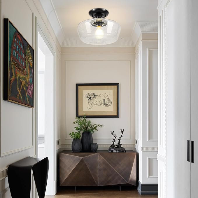 Schoolhouse Style Light Fixture, 12" Black Semi Flush Mount Ceiling Light with Seeded Glass Globe, Close to Ceiling Lights for Kitchen, Hallway, Entryway