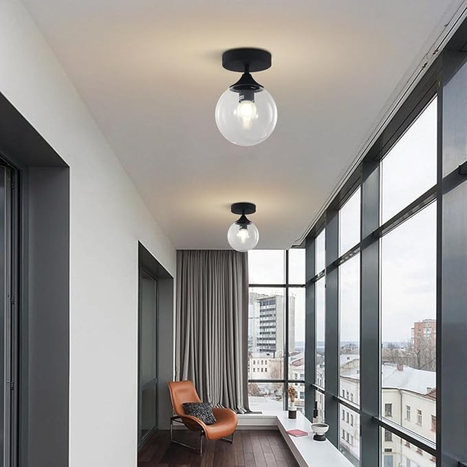 KCO Lighting 1-Light Small Clear Glass Globe Flush Mount Ceiling Light Industrial Matte Black Semi Kitchen Semi Flush Mount Ceiling Light Mid Century Hallway Ceiling Light Fixture