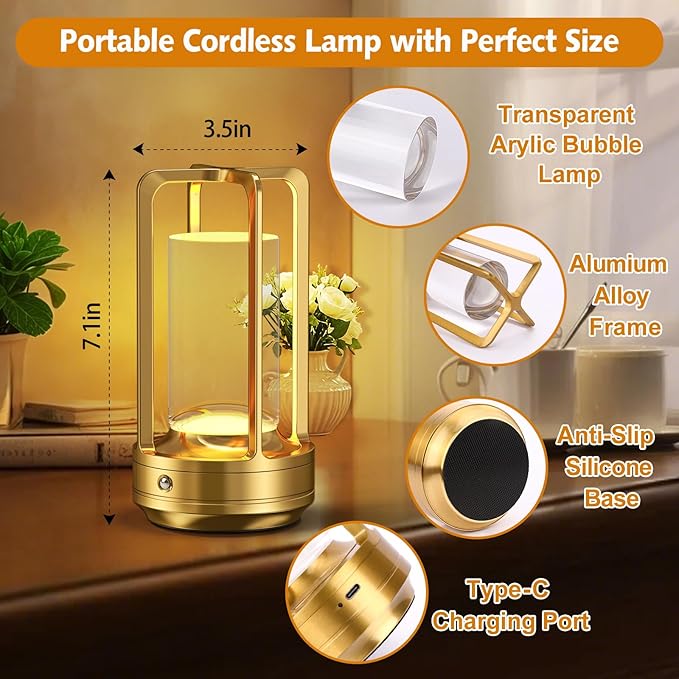 Portable Table Lamp for Outdoor Indoor: Cordless Rechargeable Desk Lamp with 10 Colors - Shower Lamp with Stepless Dimmable - Metal Battery Operated Lantern Light for Bedroom/Bar/Coffee Shop/Camping