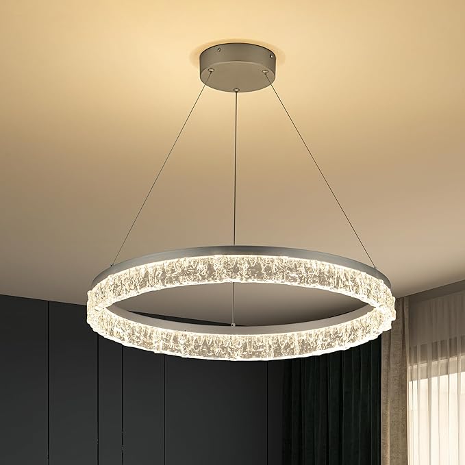 MADEM Modern Silver Led Pendant Light,36W Dimmable LED Chandelier Lighting Fixture, 1 Ring Circular Hanging Led Pendant Lighting for Living Room Dining Room Kitchen Island Foyer Office