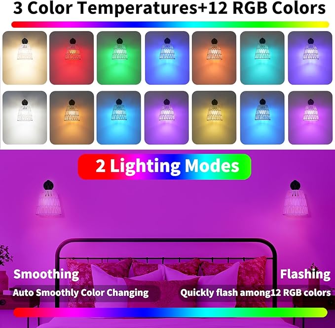 Boho Battery Operated Wall Sconce Set of 2, White Rattan Rechargeable Wall Lights with Dimmable Bulbs and Remote,15 Colors Wireless Wall Lamps for Bedroom Living Room Hallway Decor
