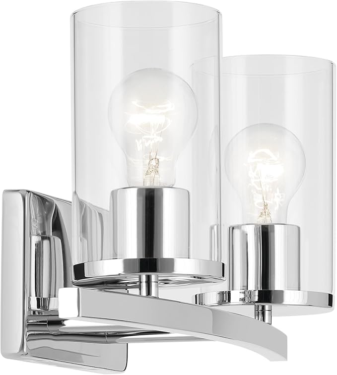 Kichler Crosby 15.25" 2-Light Bathroom Vanity Light Fixture with Clear Glass in Chrome for Modern Powder Room, Wall Mount Over Mirror (15.25" x 8.75"), 45496CHCLR