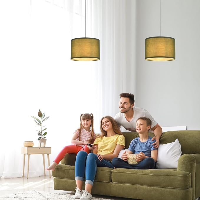 2 Pack Plug in Pendant Light, Hanging Light with 15Ft Clear Cord, On/Off Switch, Light Green Fabric Lamp Shade, Hanging Light Fixture for Bedroom, Kitchen