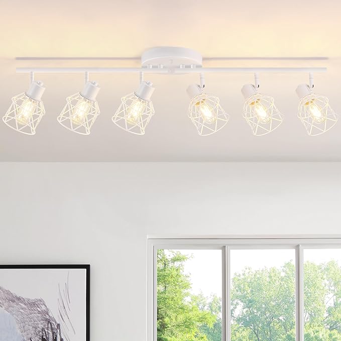 6-Lights White Semi Flush Mount Ceiling Light with Geometric Metal Cage, Modern Kitchen Track Lighting Fixtures Ceiling, Rotatable Close to Ceiling lamp for Entryway, Living Room, Hallway
