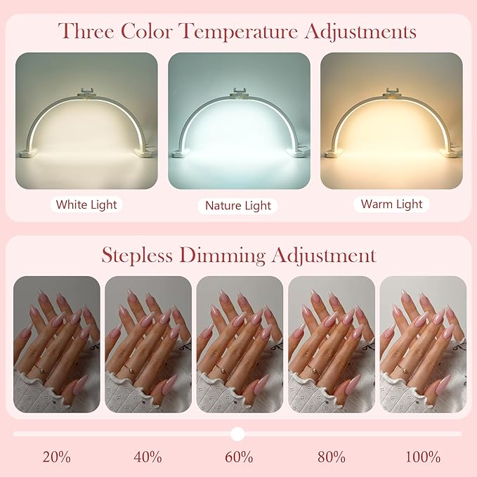 BZJ 30-Inch Half Moon Nail Light for Desk Foldable Nail Art Table Lamp with Stepless Dimming Brightness and Color Temperature for Beauty Eyelash Extensions Tattoo Crafts Spa Salon Nail Tech