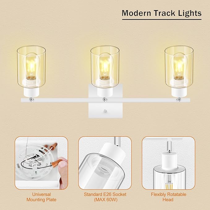 Track Lighting Kit, Track Lighting Fixtures Ceiling Kitchen, 23" White 3-Light Ceiling Spotlight with Clear Glass Shade, Rotatable Track Head, White Wall Lamp for Island, Vanity(E26 Base, No Bulb)