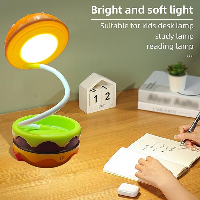 Small Table Lamp Hamburger Night Light Cute Rechargeable LED Desk Lamp with Dimmable Flexible Hose Touch Switch Nursery Night Light Kawaii Desk Accessories Room Decor for Boys Girls Kids Gifts