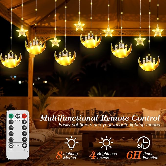 Lewondr Ramadan Curtain String Lights, 138 LED Moon Castle Star Fairy Lights with 6H Timer, 8 Modes, Remote Control, USB Powered Curtain String Light, Eid Mubarak Decorations for Ramadan Home, Yellow