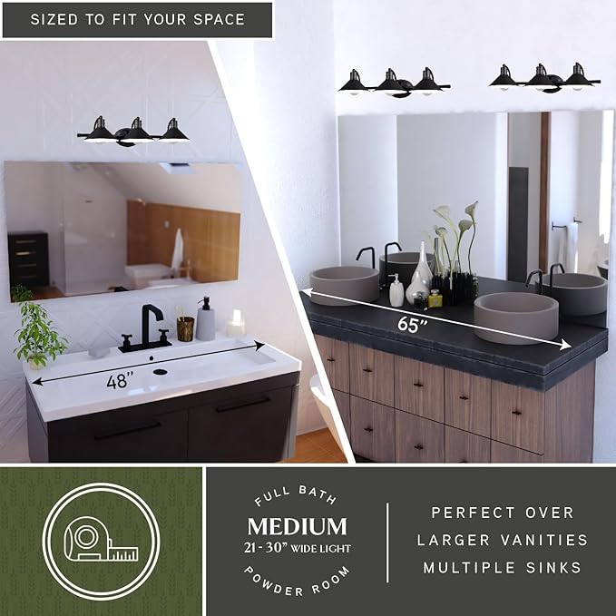 VAXCEL Akron 3-Light 28 inch Wide Oil Rubbed Bronze and Matte White Farmhouse Bathroom Vanity Lighting Fixture, Metal Shade, Dimmable, LED Compatible, Over The Mirror Mounted Steel Wall Sconce
