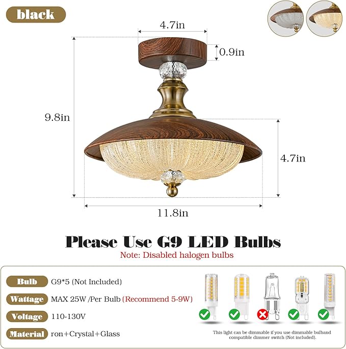 Vintage Crystal Semi-Flush Mount Ceiling Light, 5-Light Fixture, 11.8 Inch Close to Ceiling Lamp, Mid Century Suitable for Bedroom, Entryway, Hallway, Dining Room