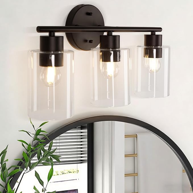 3-Light Bathroom Light Fixtures, Black Vanity Lights Over Mirror, Modern Bathroom Vanity Light with Clear Glass Shade and E26 Base, Matte Black Vanity Lights for Bathroom Kitchen Hallway