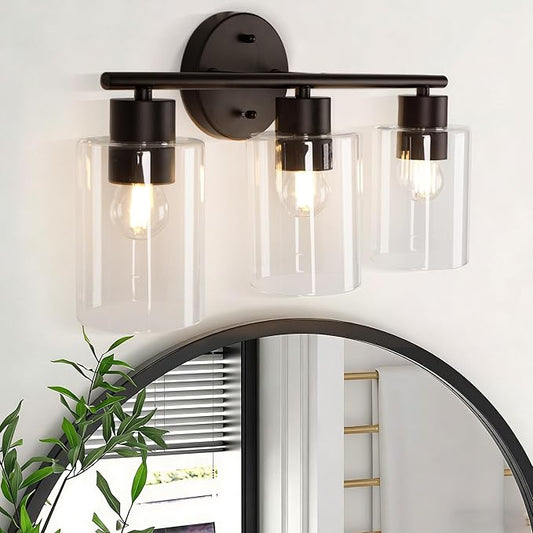 3-Light Bathroom Light Fixtures, Black Vanity Lights Over Mirror, Modern Bathroom Vanity Light with Clear Glass Shade and E26 Base, Matte Black Vanity Lights for Bathroom Kitchen Hallway