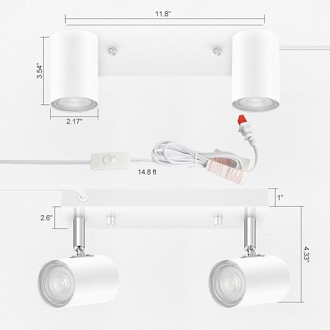 AUQUEE 2 Light Track Lighting Kit,White 2 Way Flexible Plug in Ceiling Spotlight,Industrial LED Wall Light for Kitchen Cabinet Gallery Bar Hallway Living Room,Rocker Switch,15 ft Cord(No Bulb)