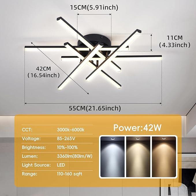 CANEOE Sputnik Modern Led Ceiling Light,50W LED Dimmable with Remote Control Ceiling Light Fixture Black Flush Mount Chandelier Ceiling Lighting for Bedroom Living Room Kitchen Office Ceiling Lamp