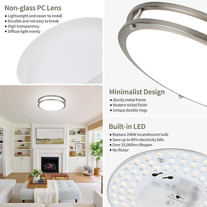 13Inch 36W Ceiling Light Fixtures 2 Packs, 5CCT LED Flush Mount Ceiling Mount Lights 2700K 3000K 4000K 5000K 6500K, Dimmable Close to Ceiling Lighting for Bathroom Kitchen Stairwell Bedroom, Nickel