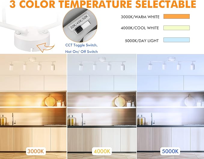 CLOUDY BAY 3 Color LED Dimmable 4-Head Track Lighting Kit,3000K/4000K/5000K Selectable 30W 2400lm CRI90,Adjustable Light Head Fixture for Accent Decorative Lighting,White