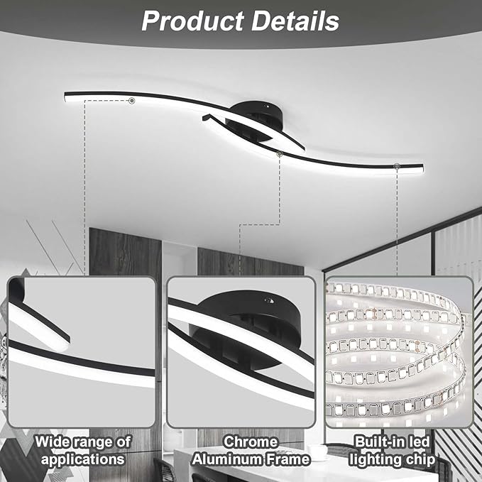 Modern LED Ceiling Light 22W Black Linear Ceiling Lights Fixture 6000K Aluminum 31.4Inch Long Flush Mount Ceiling Light Fixture Lamp for Bedroom Hallway Kitchen Bathroom