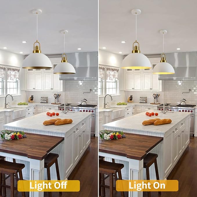 Vintage Industrial Pendant Light - 13.58'' Rustic White and Gold Farmhouse Dome Pendant Lighting, 78.74'' Length, for Kitchen, Dining, Bedroom, Living Room