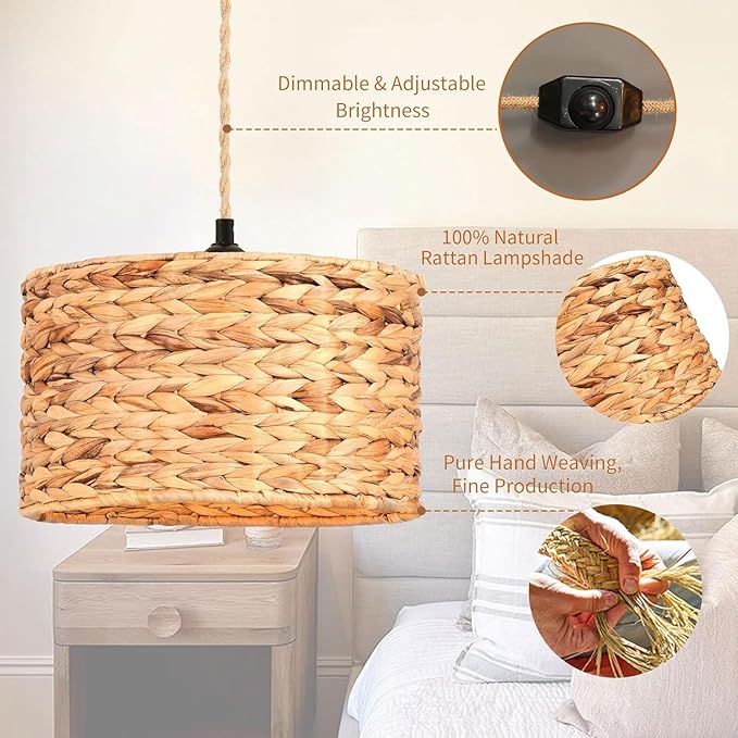 ZECOXOL Rattan Plug in Pendant Light Boho Hanging Lights with Plug in Cord & Dimmable Switch,Indoor Hanging Lamp Plug in Wicker Woven Lampshade for Living Room Bedroom Dinning Island