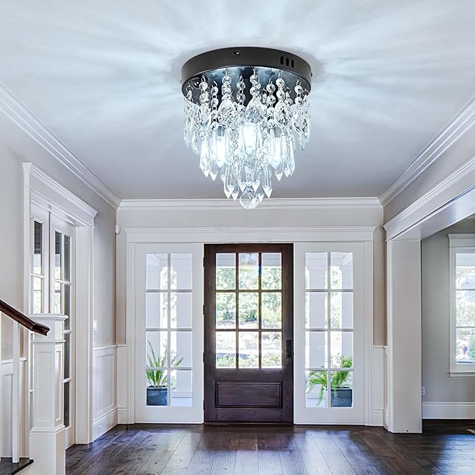 YYJLX Indoor Motion Sensor Ceiling Light Modern Crystal Chandelier Black Mini Flush Mount Light Fixture for Hallway Closet Porch Hall Front,3 Light E12.
