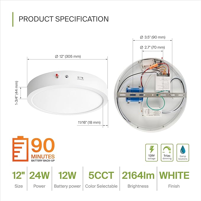ASD LED 12" Round Flush Mount Ceiling Light Fixture, Low Profile Surface Lighting | 5CCT, Dimmable, Battery Backup, ETL Listed | 24W 2100LM 2700-6000K 120V | Kitchen, Hallway Lamp | White, 12 Pack